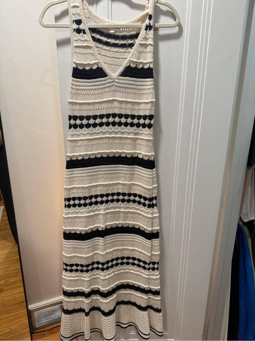 Sleeveless Cream & Black Striped Crochet Maxi Dress